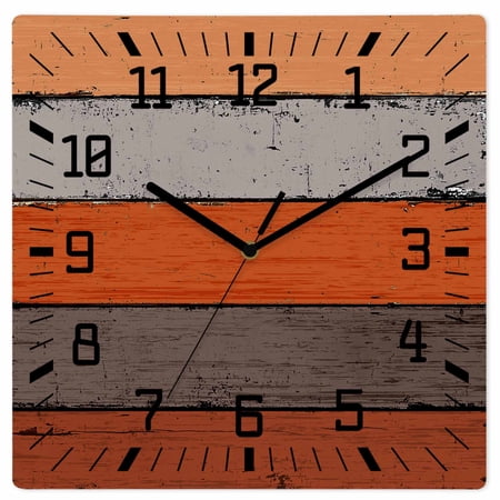 Wall Clock Orange Wood Grain Operated Square Clocks Wooden Silent Non-Ticking Wallclock 10 Inch Rustic Brown Wooden Stripe Wood Wall Clock for Living Room Bedroom Office Shool Home Decor