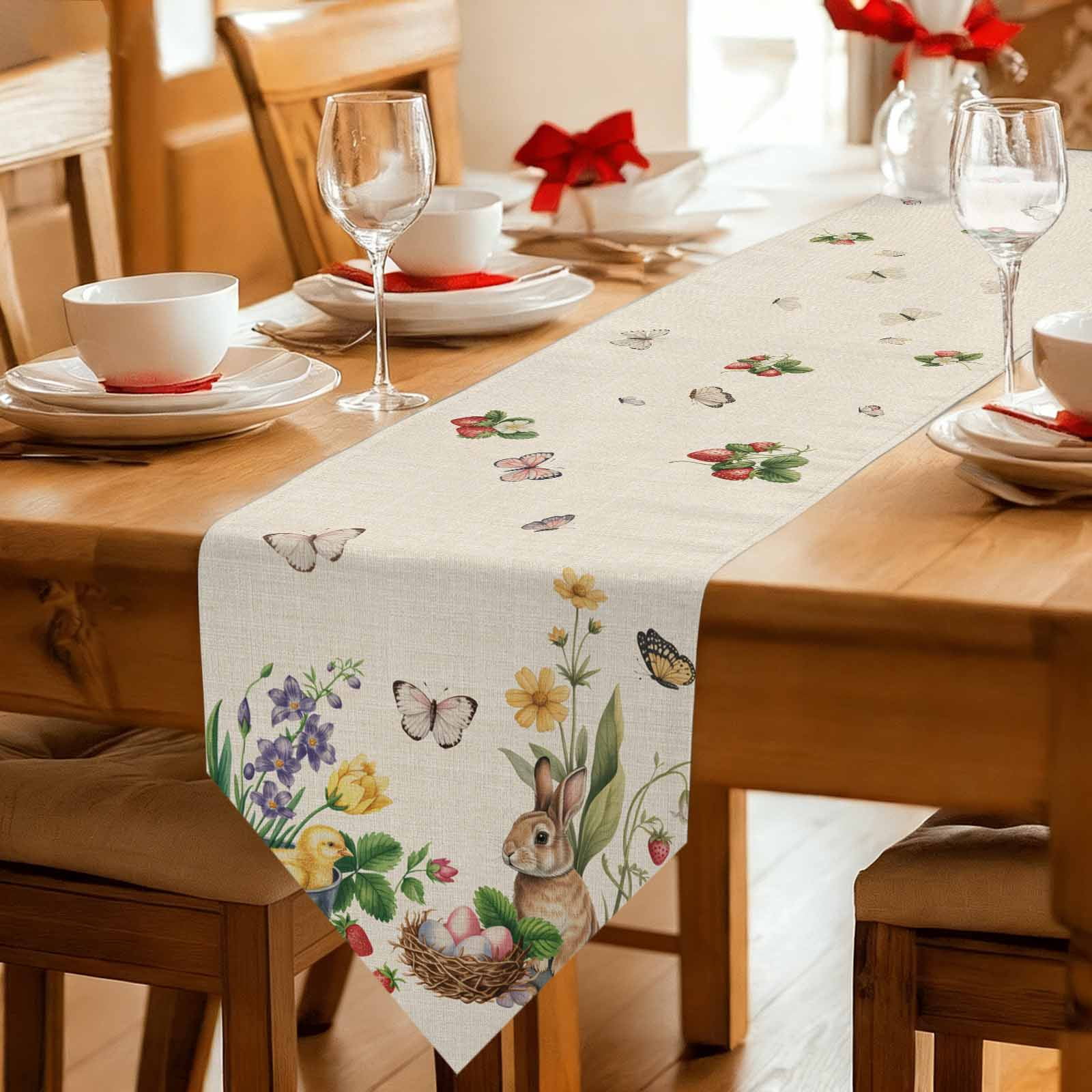 Spring Easter Table Runner Linen Burlap Table Runner 120 Inches Long Country Bunny Chick Floral Butterflies Burlap Dresser Scarves for Kitchen Island Coffee Dining Party Holiday Decor 13"x120"