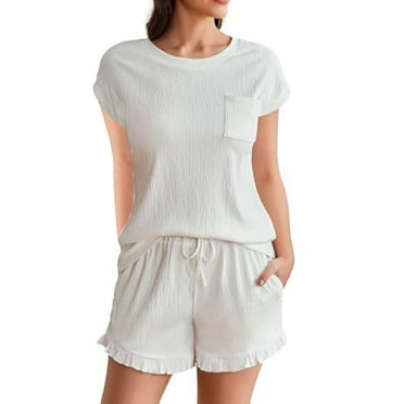 DondPO Womens Pajama Sets Womens Pajama Set Cap Sleeve Set Tops And Ruffle Shorts Pj Sets Casual Sleepwear With Pockets Sets For Women Womens Loungewear Set White S Clearance！