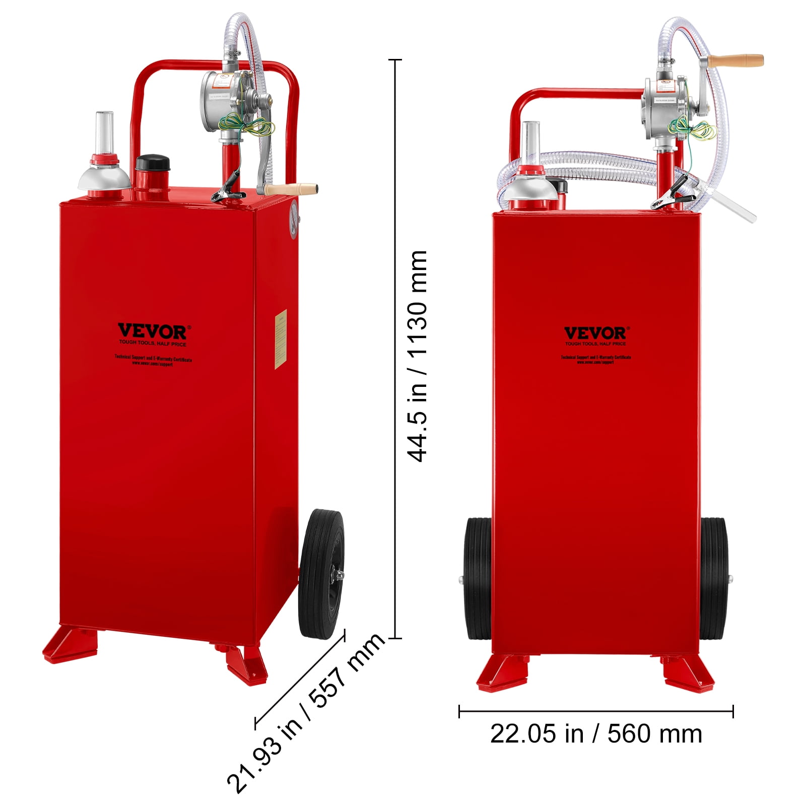 VEVOR 30 Gallon Fuel Caddy, Fuel Storage Tank on 2 Wheels, Portable Gas Caddy with Manuel Transfer Pump, Gasoline Diesel Fuel Container for Cars, Lawn Mowers, ATVs, Boats, More, Red