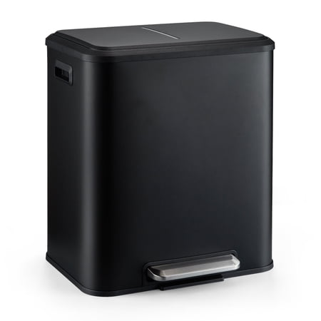 Dual Trash Can for Recycling and Trash, 2 x 15 L (30 L) Stainless Steel Kitchen Trash Can with Lid and Foot Pedal, Double Compartment Garbage Can, Trash Can with Recycling Bin