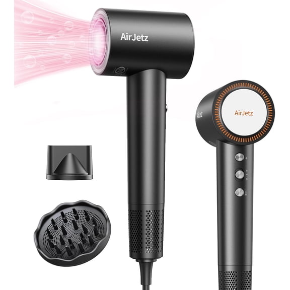 Hair Dryer 160000 RPM High-Speed Ionic Fast Drying Professional Lightweight with Diffuser Magnetic Nozzle 4 Temperatures 2 Speeds Low Noise Travel Black