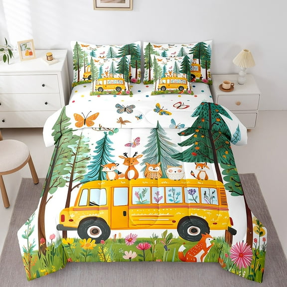 Erosebridal Woodland Animal Bedding Twin Size, School Bus Comforter Sets with Sheets, Jungle Tree Butterfly Duvet Set, Microfiber Room Decor, Reversible 7-Piece