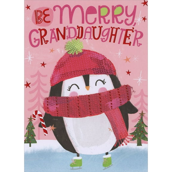 Designer Greetings Penguin with Red Hat and Scarf Ice Skating in Tiny Green Skates Juvenile Christmas Card for Young Granddaughter