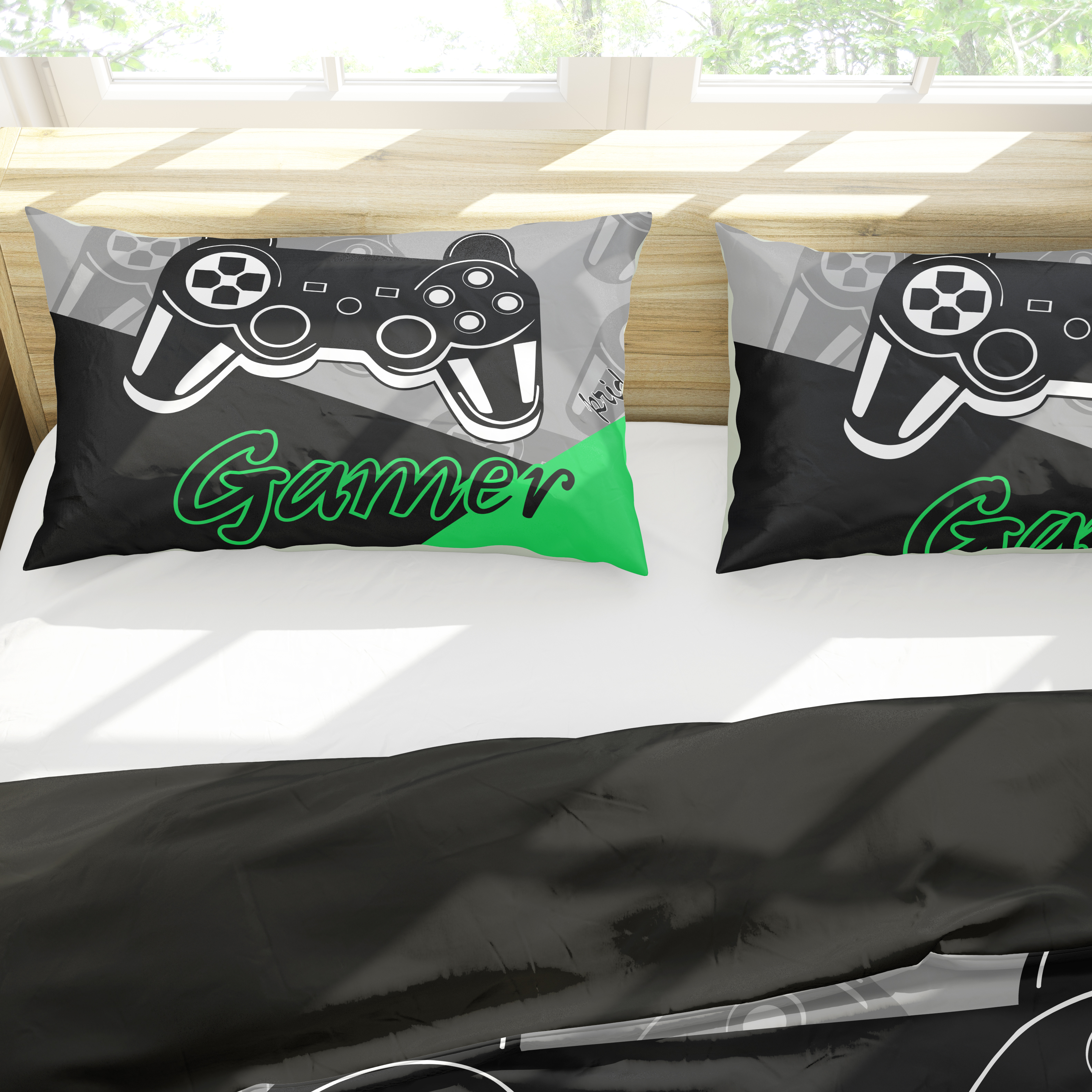 Gaming Comforter for Kids Boys Teens Video Game Bedding Set Gamer Comforter Gamepad Comforter Set Full Size Green Black Gray 3 Pieces