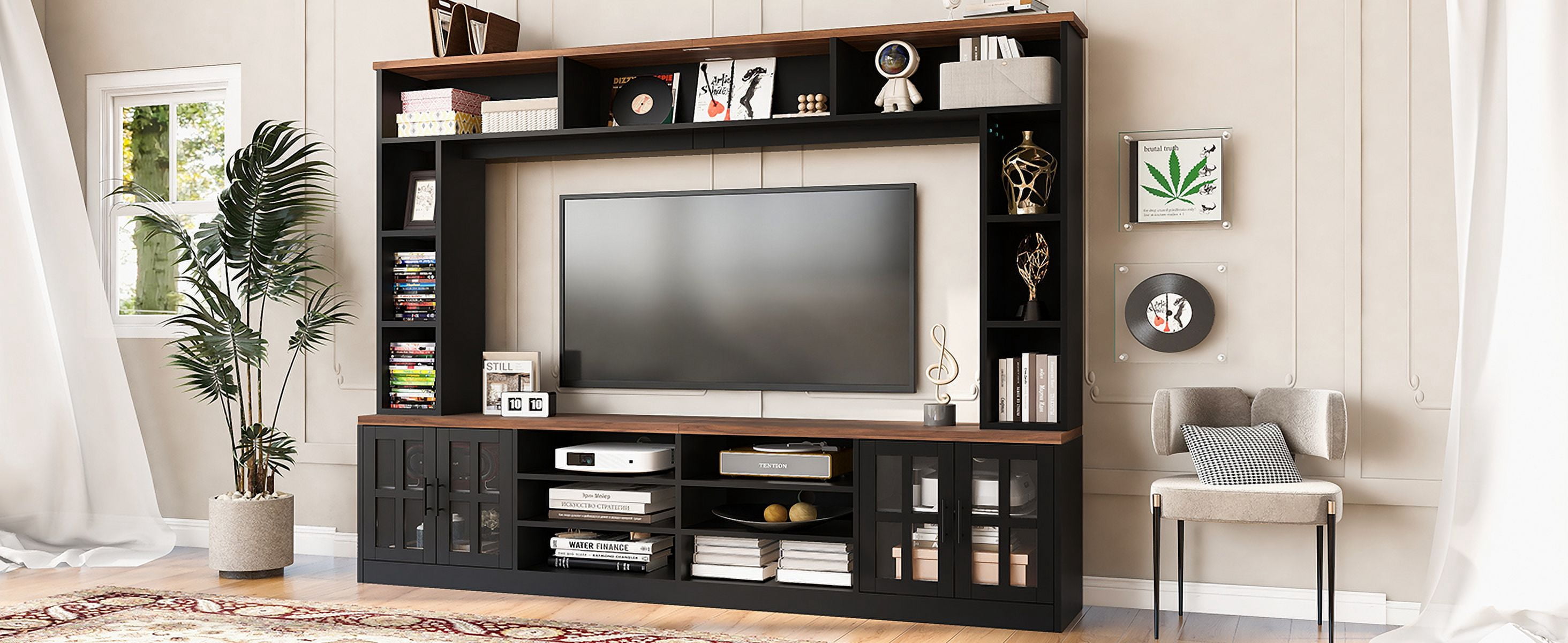 Euroco Elegant 95.5" TV Stand with Storage & Display Shelves, Tempered Glass Doors, and Wire Management for TVs up to 80" – Modern Entertainment Center