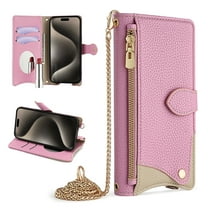 Women Girls Crossbody Strap Flip Wallet Zipper Phone Case Cover for Samsung Galaxy A16 5G/4G, with Card Holder Kickstand PU Leather Shoulder Chain Make-up Mirror for Galaxy A16 5G/4G, Pink