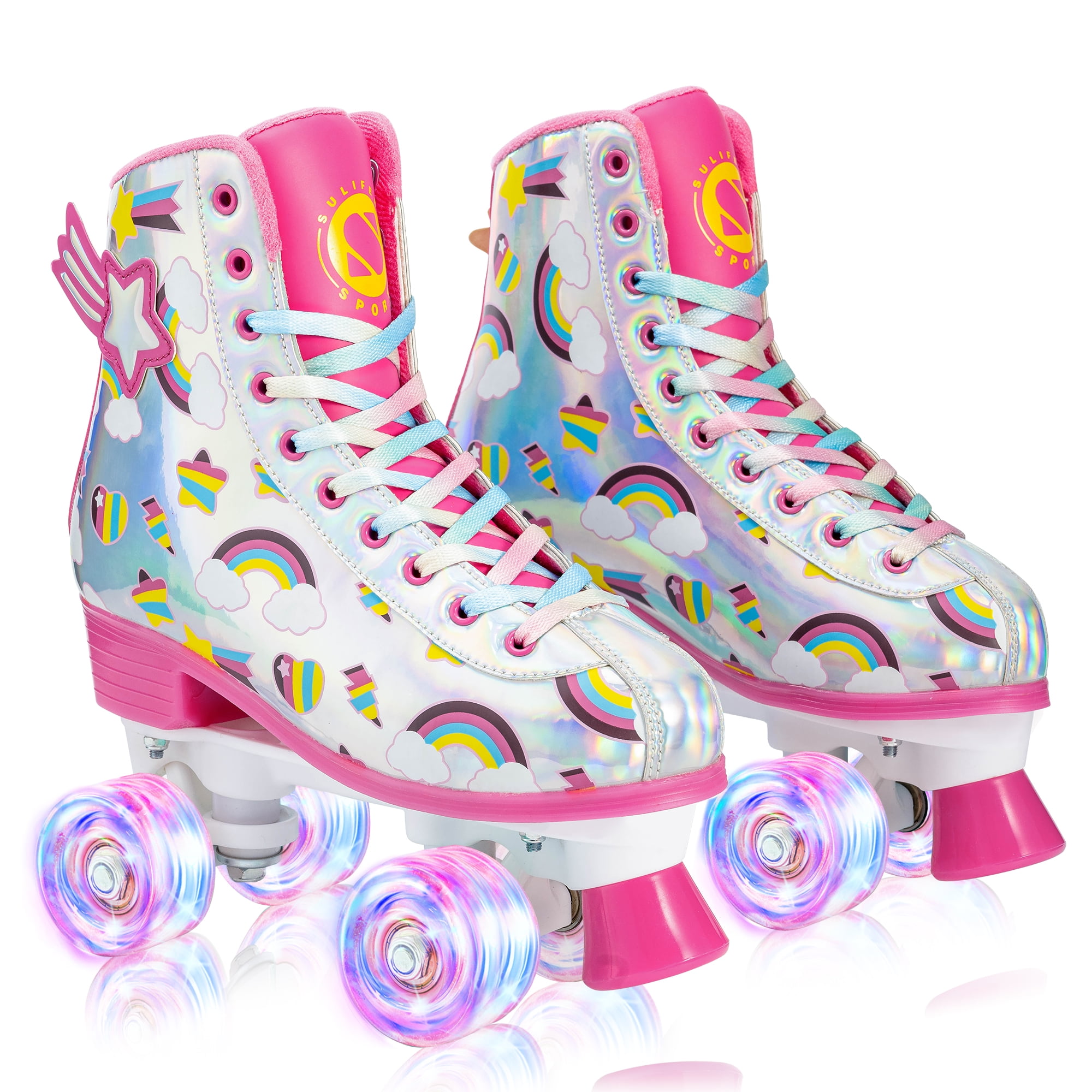 Roller Skates for Girls Light up Wheels Kids with High Top Reflective TPU Leather Rainbow Rainbow