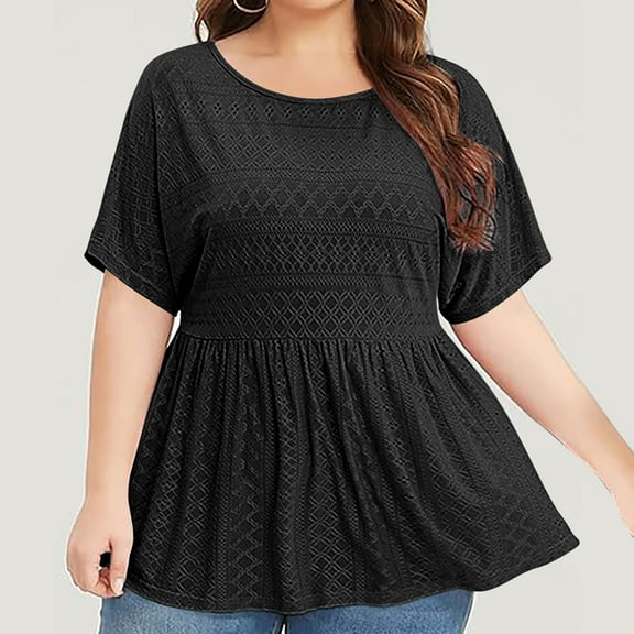 Titcea Plus Size Tops for Women Round Neck Solid Color Pleated Hem Short Sleeve T Shirts Summer Casual Tees