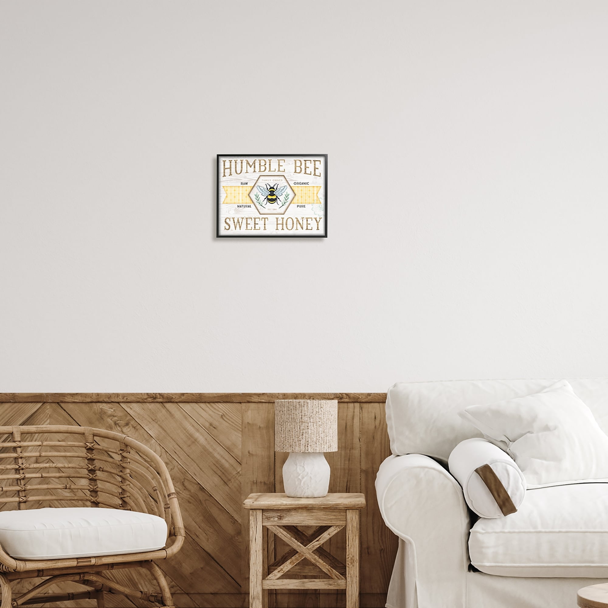 Stupell Industries Sweet Honey Bumble Bee Sign Country Tartan Banner Graphic Art Black Framed Art Print Wall Art, Design by Jennifer Pugh