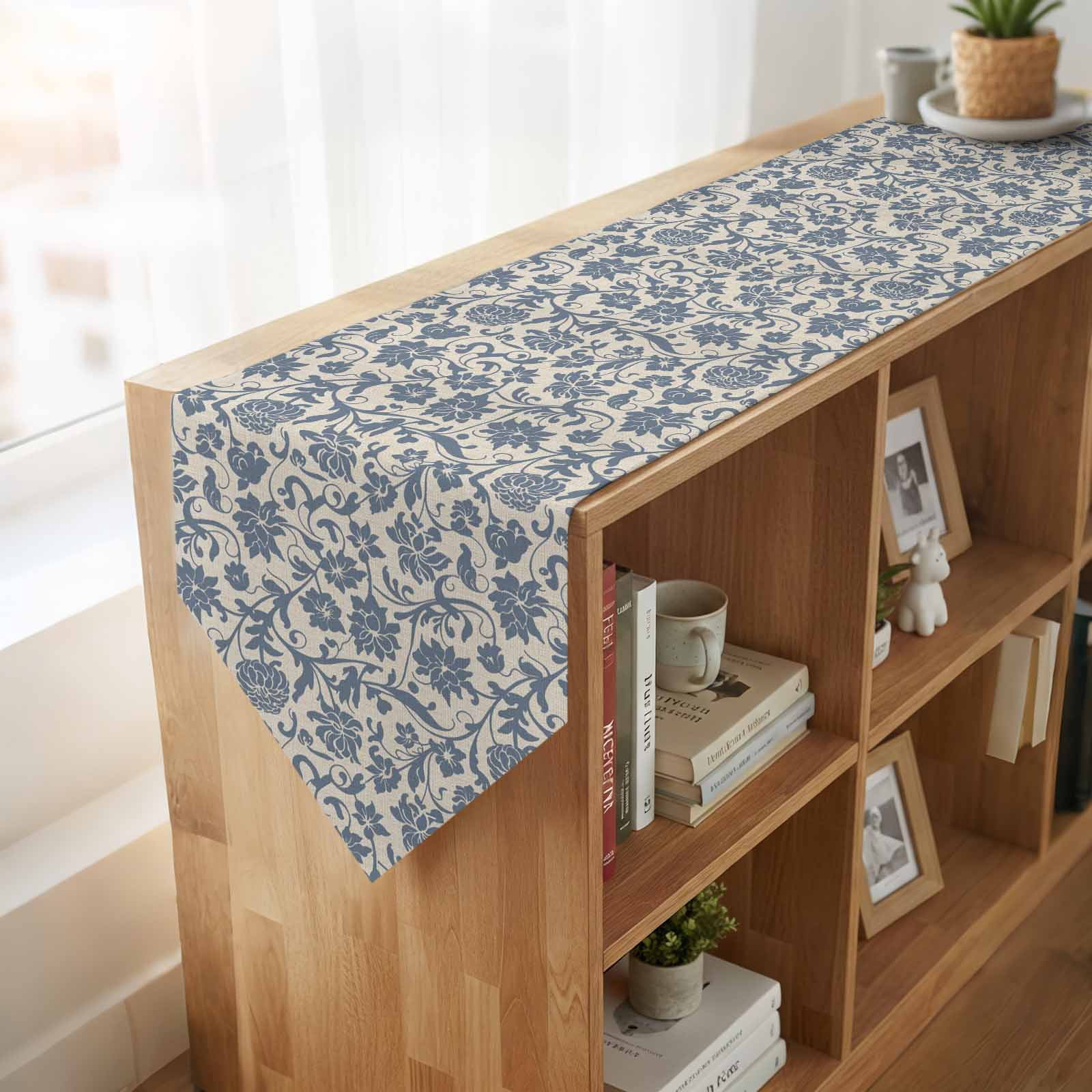 Light Blue Floral Table Runner Linen Burlap Table Runner 48 Inches Long Rustic Vintage Flowers Botanical Spring Dresser Scarves for Kitchen Island Coffee Dining Party Wedding Holiday Decor 13"x48"