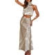 thumbnail image 1 of Conjunto de vestido largo de dos piezas de satén para mujer - Top sin mangas con cuello alto y falda con abertura lateral, ropa formal y casual para fiestas, 1 of 7
