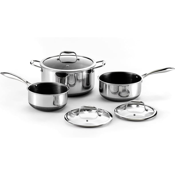 HexClad Juego de Ollas Hybrid Antiadherentes de 6 Piezas, Ollas de 2, 3 y 8 Litros con Tapas de Vidrio Templado, Apto para Lavavajillas, Horno hasta 480°C e Inducción, Compatible con todas las Estufas
