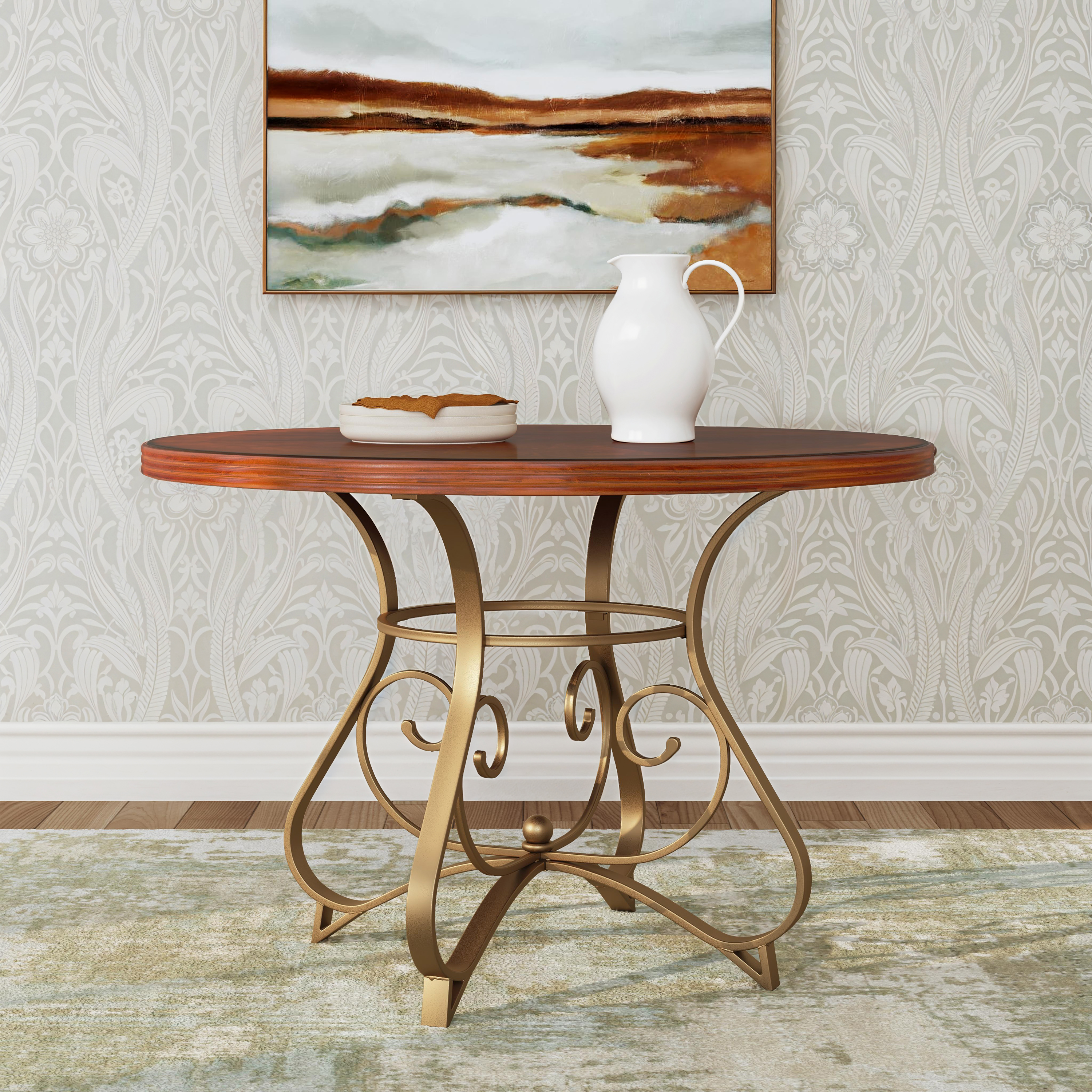 Roselyn 45" Round Dining Table, Brushed Faux Medium Cherry Wood with "Matte Pewter and Bronze" Metal