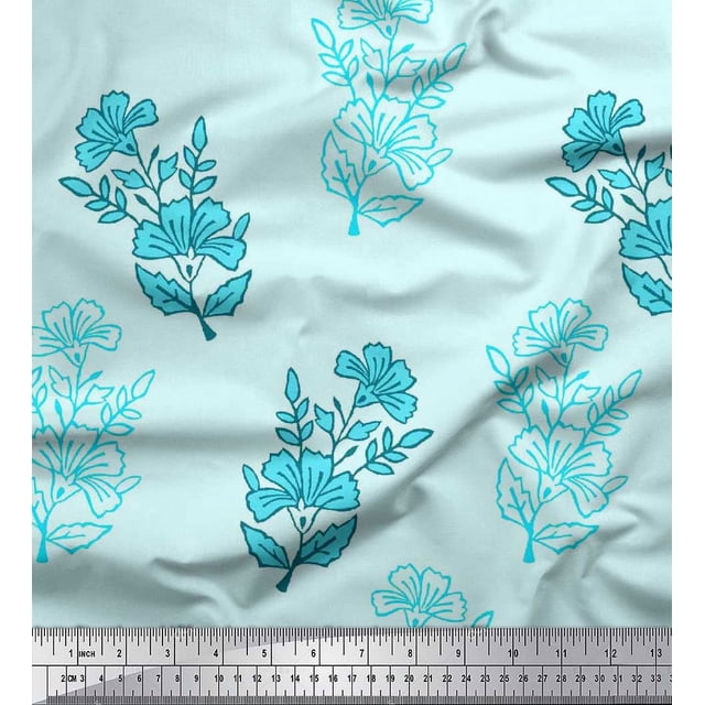 Soimoi Polyester Crepe Fabric Leaves & Floral Block Print Sewing Fabric Yard 52 Inch Wide