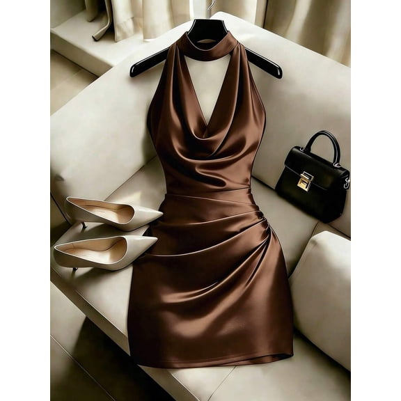Brown Satin Halter-Neck Bodycon Mini Dress With Ruched Waist And Cowl Neckline