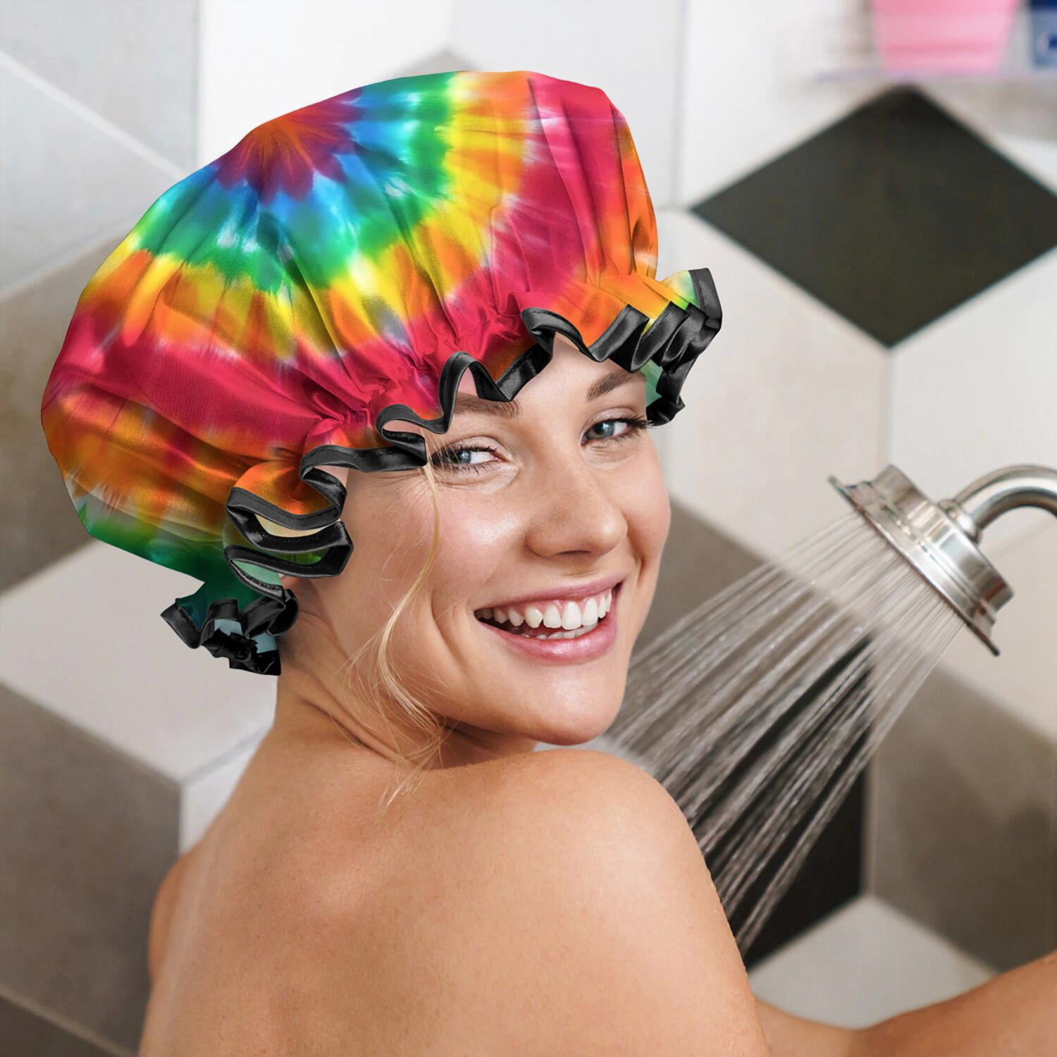 Shower Caps,Colorful Rainbow Tie Dye Spiral Pattern Waterproof Shower Cap for Women 4 Pieces,Double Reusable Hair Cover for Shower PEVA Elastic Stretch Hem