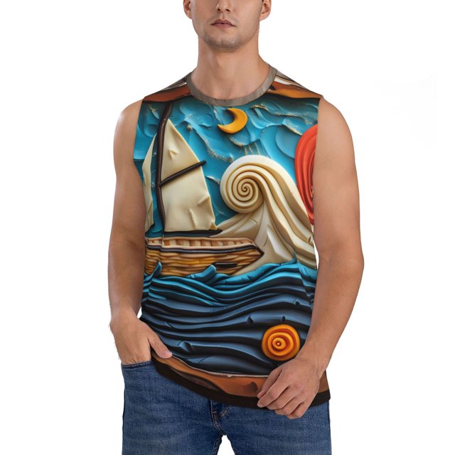 Balery Whimsical Sailboat Ocean Art Camisetas sin mangas para hombre, absorbe la humedad y protege contra el mal olor.-XX-Large