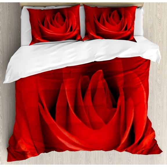 Rose Duvet Cover Set, Close up Macro of a Red Rose Bloom Fresh Natural Beauty Valentine's Day Couples Theme, Decorative 3 Piece Bedding Set with 2 Pillow Shams, Calking Size, Vermilion, by Ambesonne
