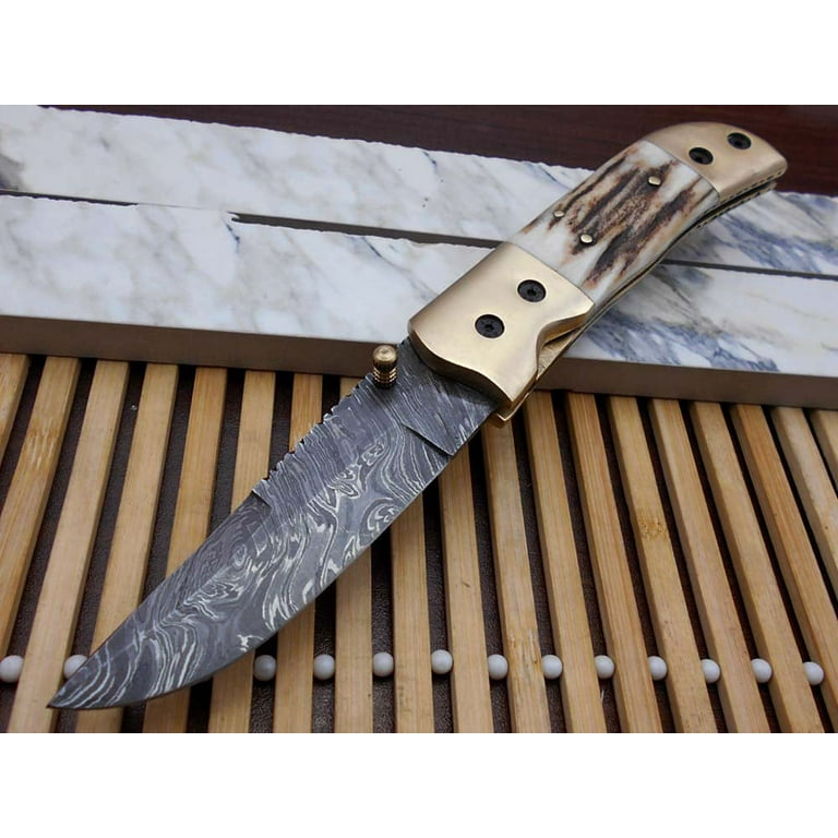 Stag antler scale Hand Forged Damascus steel 8.2 long Folding Knife with  pocket clip,Brass bolster, thumb knob, comes with cow hide leather sheath 