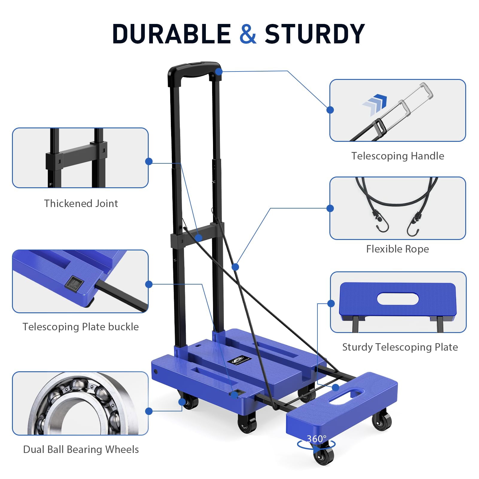 SPACEKEEPER Folding Hand Truck, 500 LB Capacity Luggage Cart, Portable Folding Dolly with 6 Wheels and 2 Elastic Ropes for Luggage, Personal, Travel, Auto, Moving and Office Use, Blue