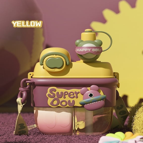 Kawaii Water Bottle with Straw, Kawaii Bear Water Bottle, Large Sport Plastic Portable Square Drinking Bottle for Girl, Cute Juice Tea Water Cups