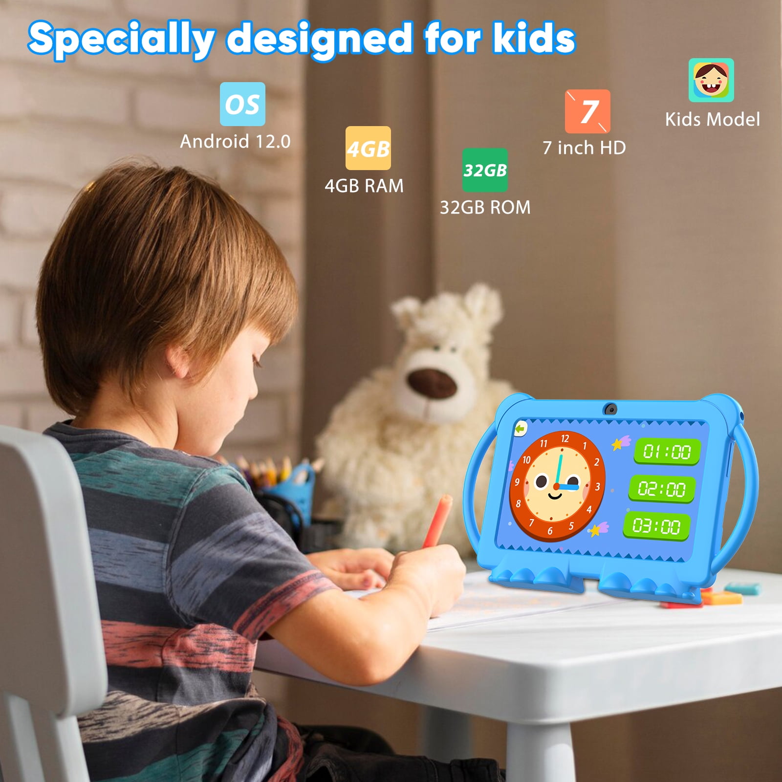 Kids Tablets 7 inch Android 12, 4GB RAM 32GB ROM, 512GB Expandable, with Parental Control, Google Certified, WiFi, Bluetooth, Dual Camera with Silicone Case(Blue)