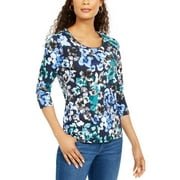 Karen Scott Women's Petite Printed 3/4-Sleeve Top Blue Size Large