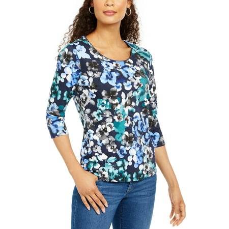 Karen Scott Women's Petite Printed 3/4-Sleeve Top Blue Size Large
