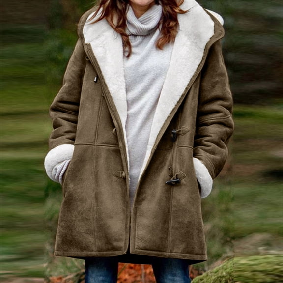 Fayshow0 Easy Care Jackets for Women Winter Women Winter Plus Size Solid Plus Velvet Coat Long Sleeve Horn Buckle Pocket Overcoat Tops,Army Green