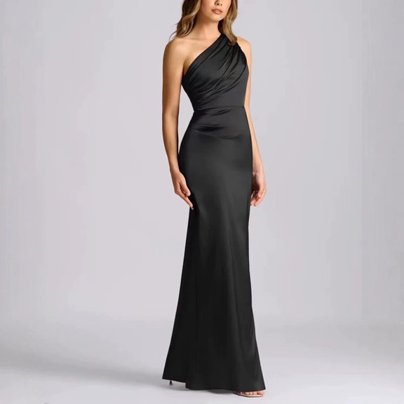Morttic Women's Elegant Slanted Shoulder Satin Maxi Formal Dress – Ruched Slim Fit Perfect for Wedding Guest & Evening Party Black,S