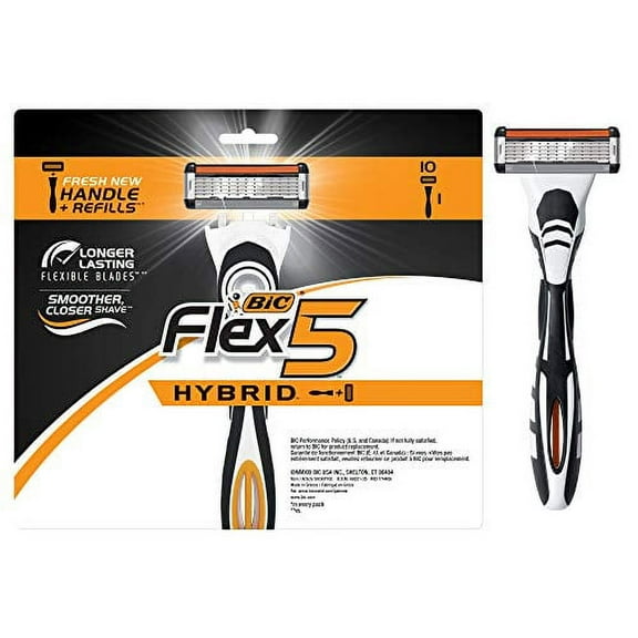 BIC Flex 5 Hybrid Men's 5-Blade Disposable Razor, 1 Handle and 10 Cartridges