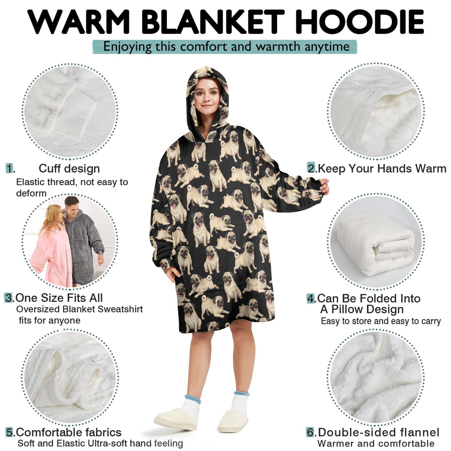 Wearable Blanket Hoodie,Pug Black Pattern Oversized Sherpa Blanket Hoodie with Super Pockets,Super Warm Fuzzy Pullover for Women & Men