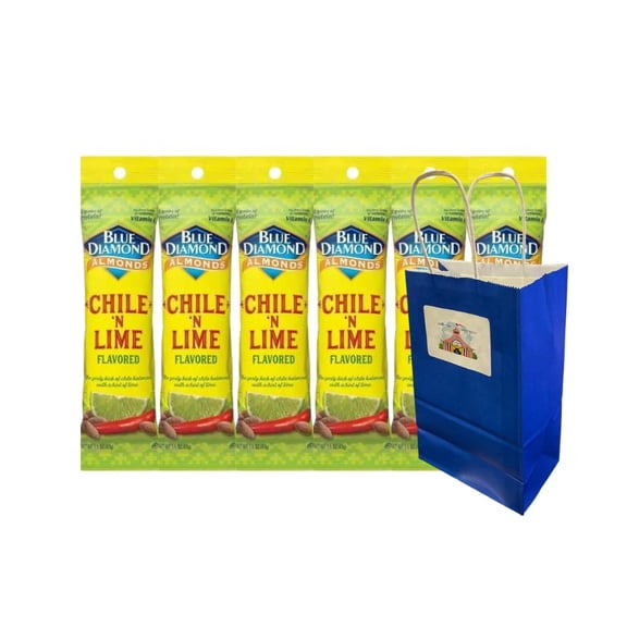 Snack Pack Blue Diamond Almonds Chile 'n Lime 6 Count – 1.5 oz Bags – Spicy Bold Flavor Nuts in 5.25x3.2x8 Blue Gift Paper Bag – Crunchy Protein Snack for Travel, Office