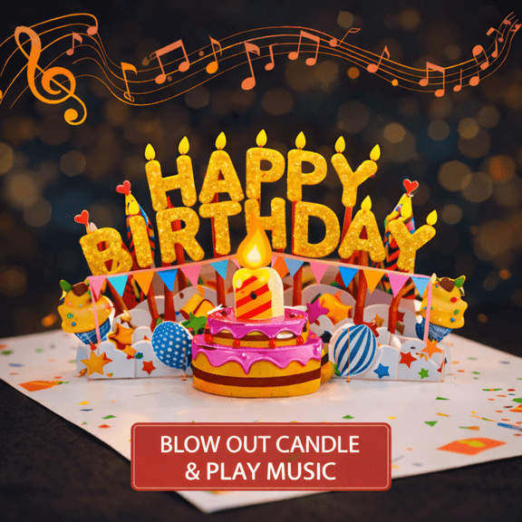 HAMCSTNF 3D Pop Up Musical Birthday Cards with Lights & Blowable LED Light Candle, Birthday Decorations Greeting Cards Birthday Cards for Women, Men, Mom, Wife, Husband, Boy, Girl