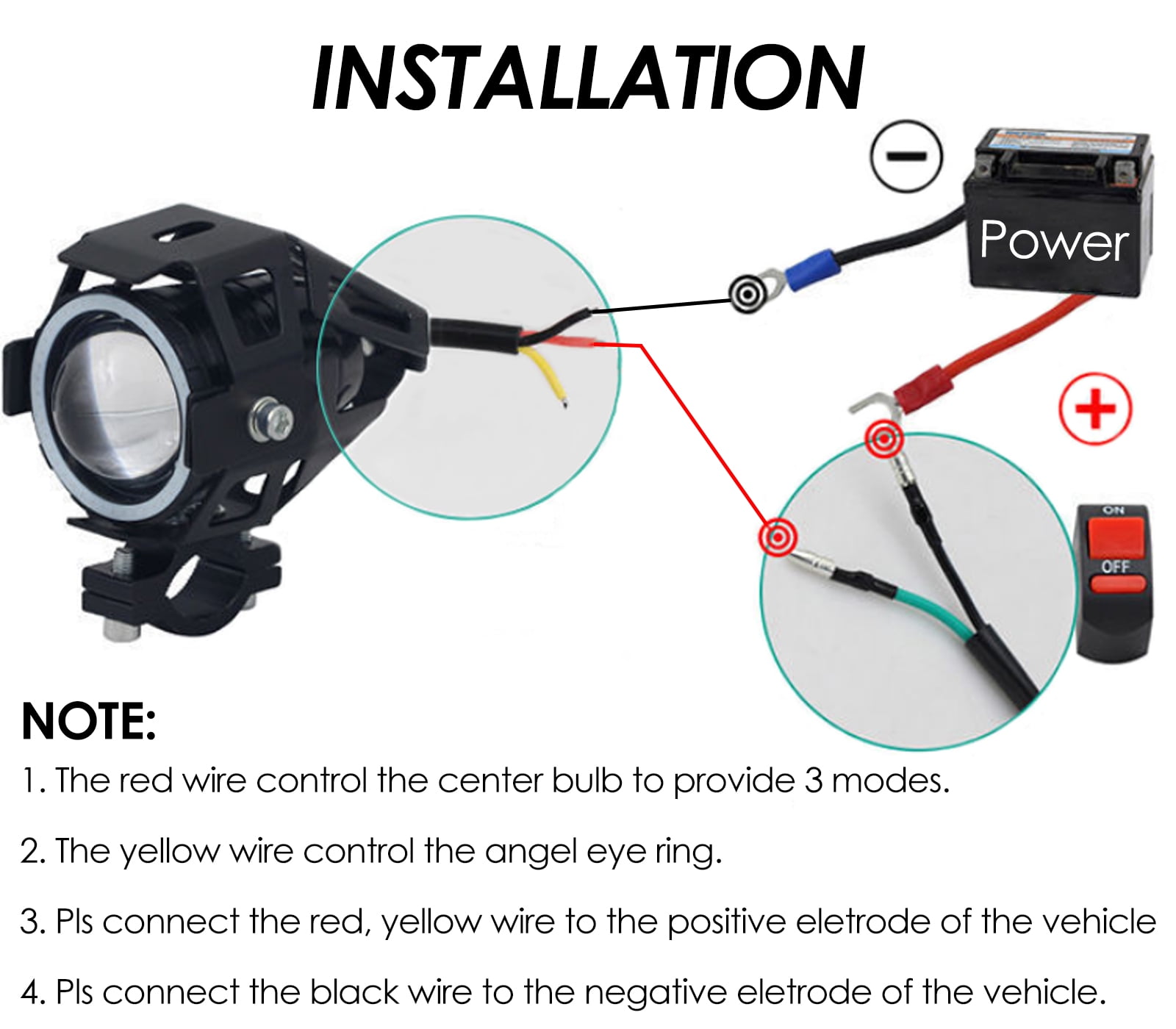 Ueasy U7 Motorcycle Driving Lights with High Low Strobe Beam Halo Rings Switch Clamps Waterproof LED 20W Fog Lights for ATV UTV SUV Electric Bicycle Dirt Bike Truck Car Boat Universal