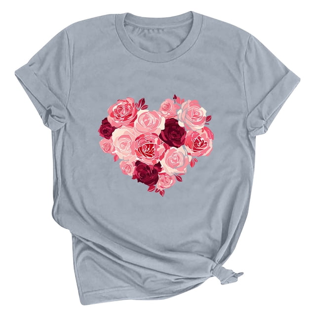 Meichang Chemises de la Saint-Valentin pour Femmes Imprimé Cœur Manches Courtes Col Rond Hauts de Vacances Décontractés Mignons Pulls Blouses