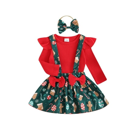 

Meihuid Baby Girl 3 Piece Outfit Christmas Romper and Suspender Skirt Headband