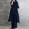 thumbnail image 2 of Stichou Women's 2 Piece Linen Set Solid Color Long Sleeve Irregular Hem Top and Wide Leg Swing Pants Trousers Suits Navy L, 2 of 5