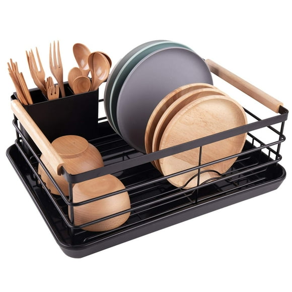 BRIAN & DANY Dish Drying Rack Dish Racks for Kitchen Counter Stainless Steel Dish Drainer with Removable Cutlery Holder & Drainboard Black