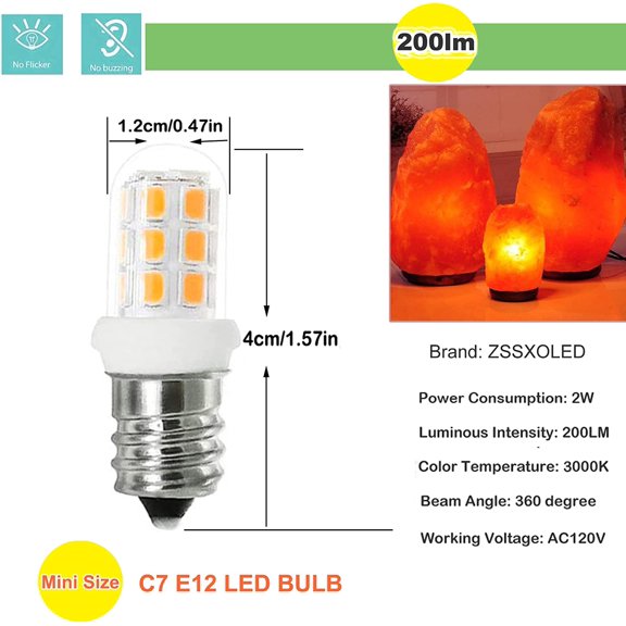 YJYASX-C7 E12 LED Bulbs Salt Lamp Light Bulb Replacement for 15W Himalayan Salt Lamps, Night Light Bulbs, Chandeliers, C7 LED Bulbs, 3000K 2Pack