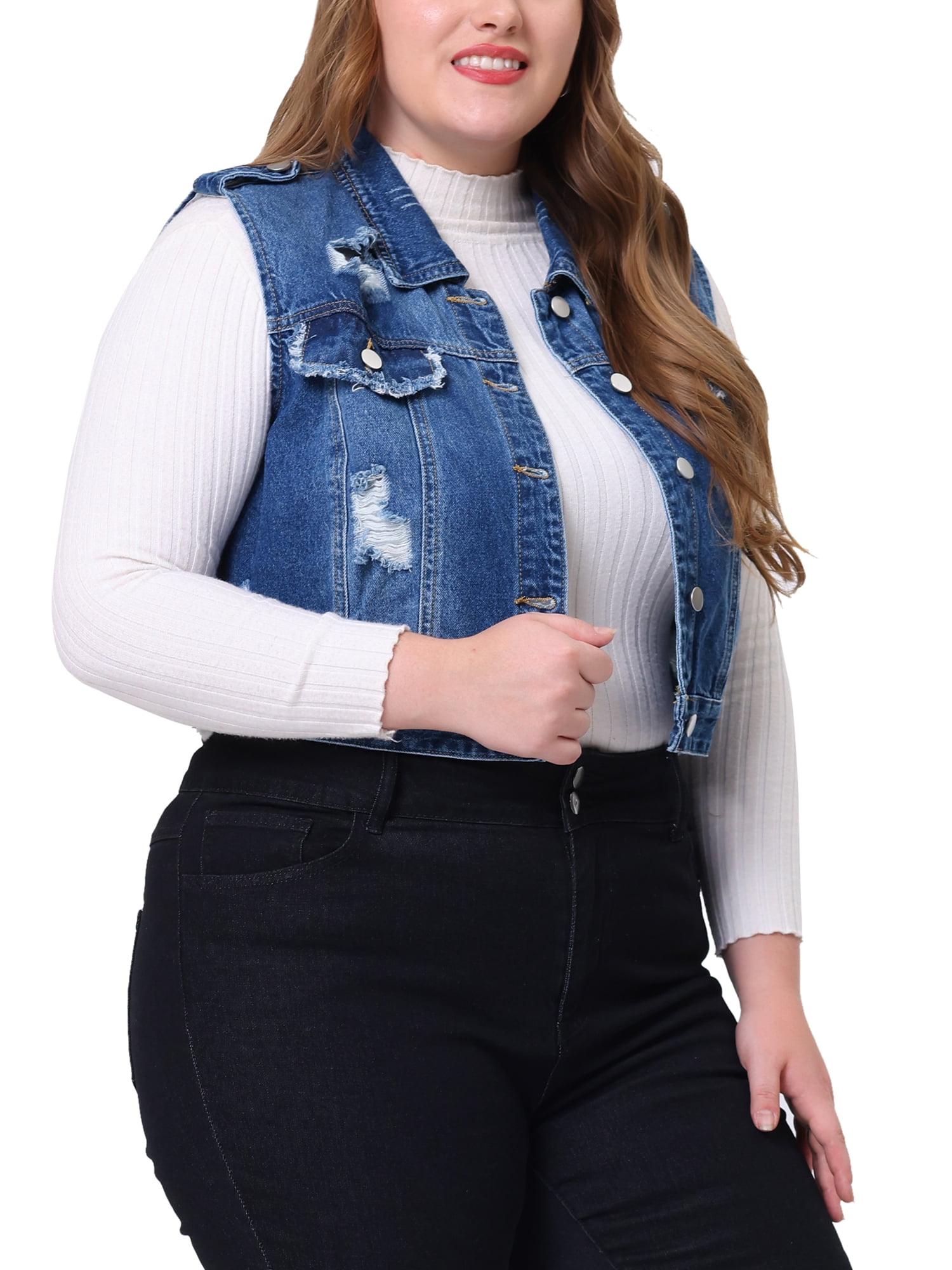 Unique Bargains Women's Plus Size Denim Sleeveless Chest Pockets Vests Jacket 4X Blue