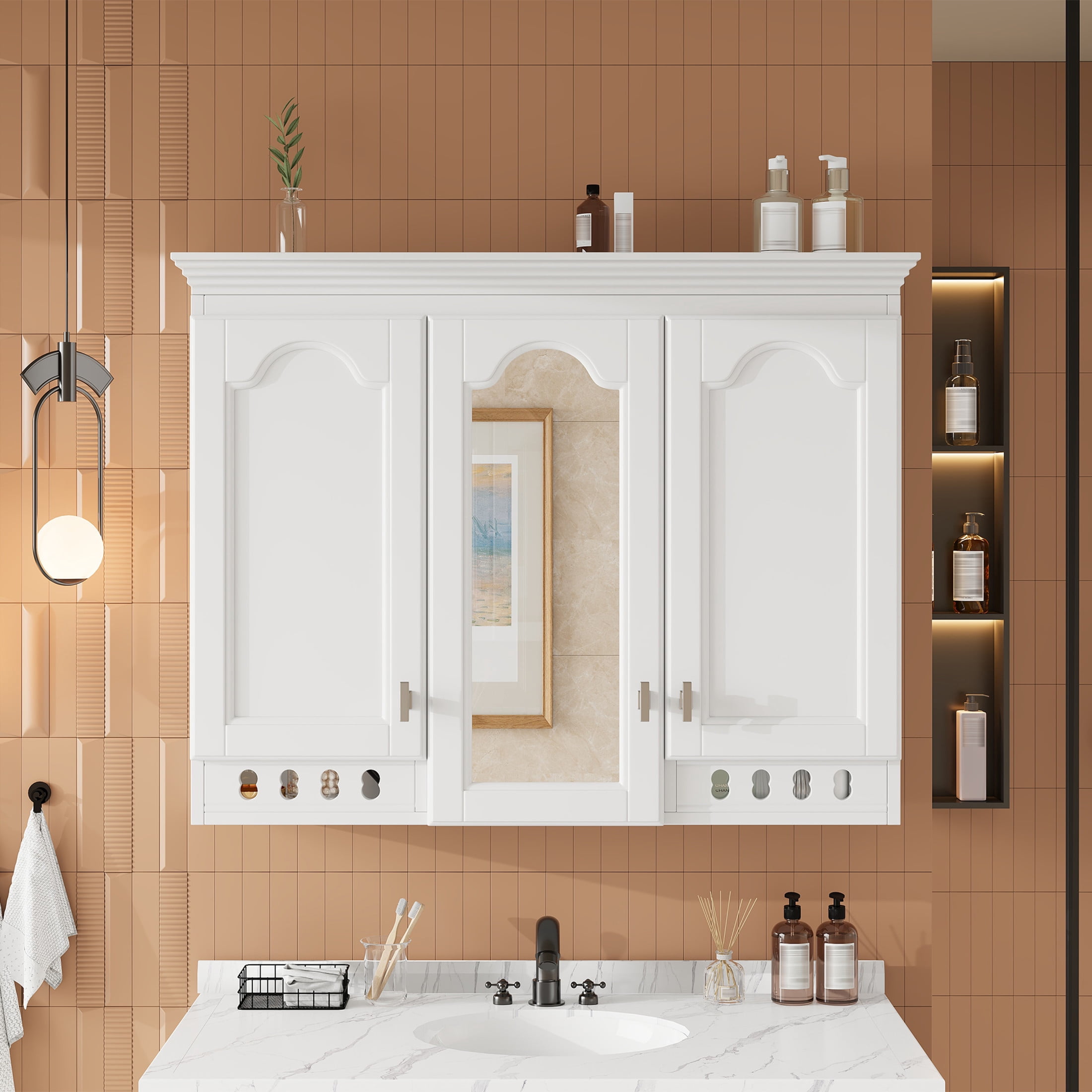 Noble House 35" Wall Mounted Mirror Cabinet with Adjustable Shelves, Soft-Close Hinges, White