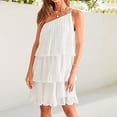 thumbnail image 2 of Women‘s Summer One Shoulder Chiffon Mini Dress Casual Ruffle Pleated Tiered Flowy Short Dresses, 2 of 7