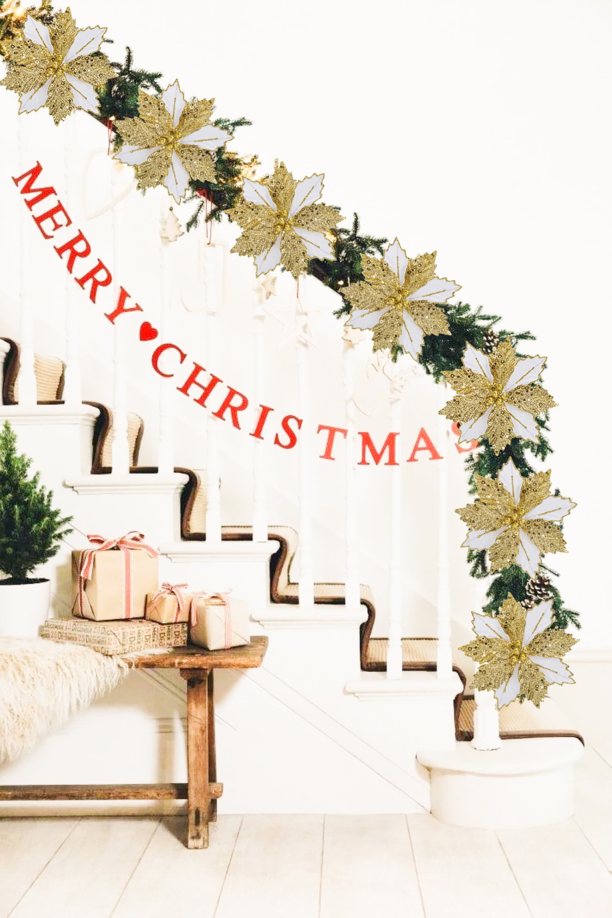 8PCS Christmas Poinsettia Flowers Glitter Decorations Flowers with Clips Ornaments for Christmas Tree Wreath Garland, White Gold