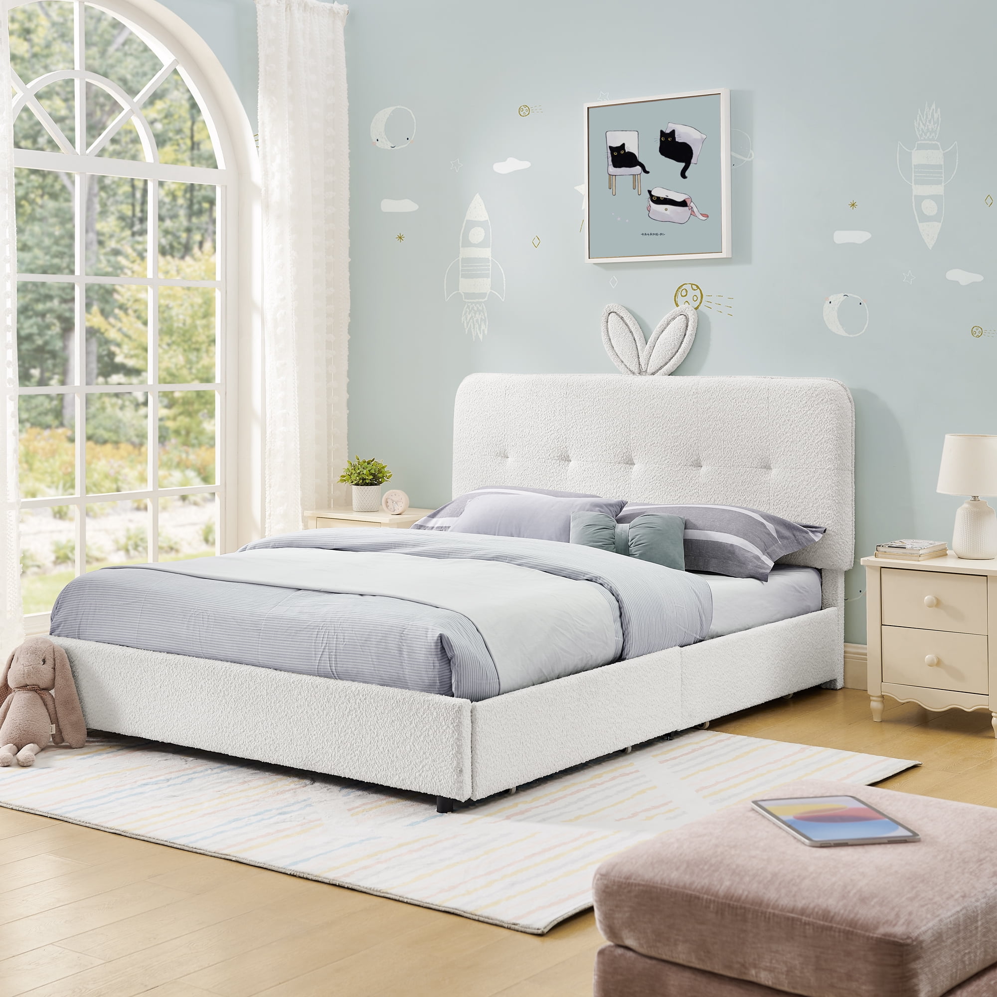 Mintazer Full Upholstered Kids Bed with Oversized Rabbit Ear Headboard, Boucle Fabric Platform Bed with LED Headboard & 4 Storage Drawers, Beige