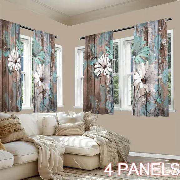 WNOOHIY Retro Blue White Tone Wood Grain Butterflies Pattern Light-filtering Curtains for Living Room, Bedroom, Outdoor Decoration, Set of 4 Panels