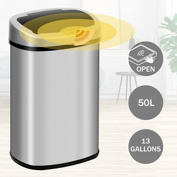 13 Gallon Kitchen Trash Can Automatic Stainless-Steel Garbage Can with ...