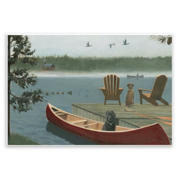 Stupell Industries Dogs on Lake Dock Landscape & Nature Painting Unframed Art Print Wall Art, 15 x 10
