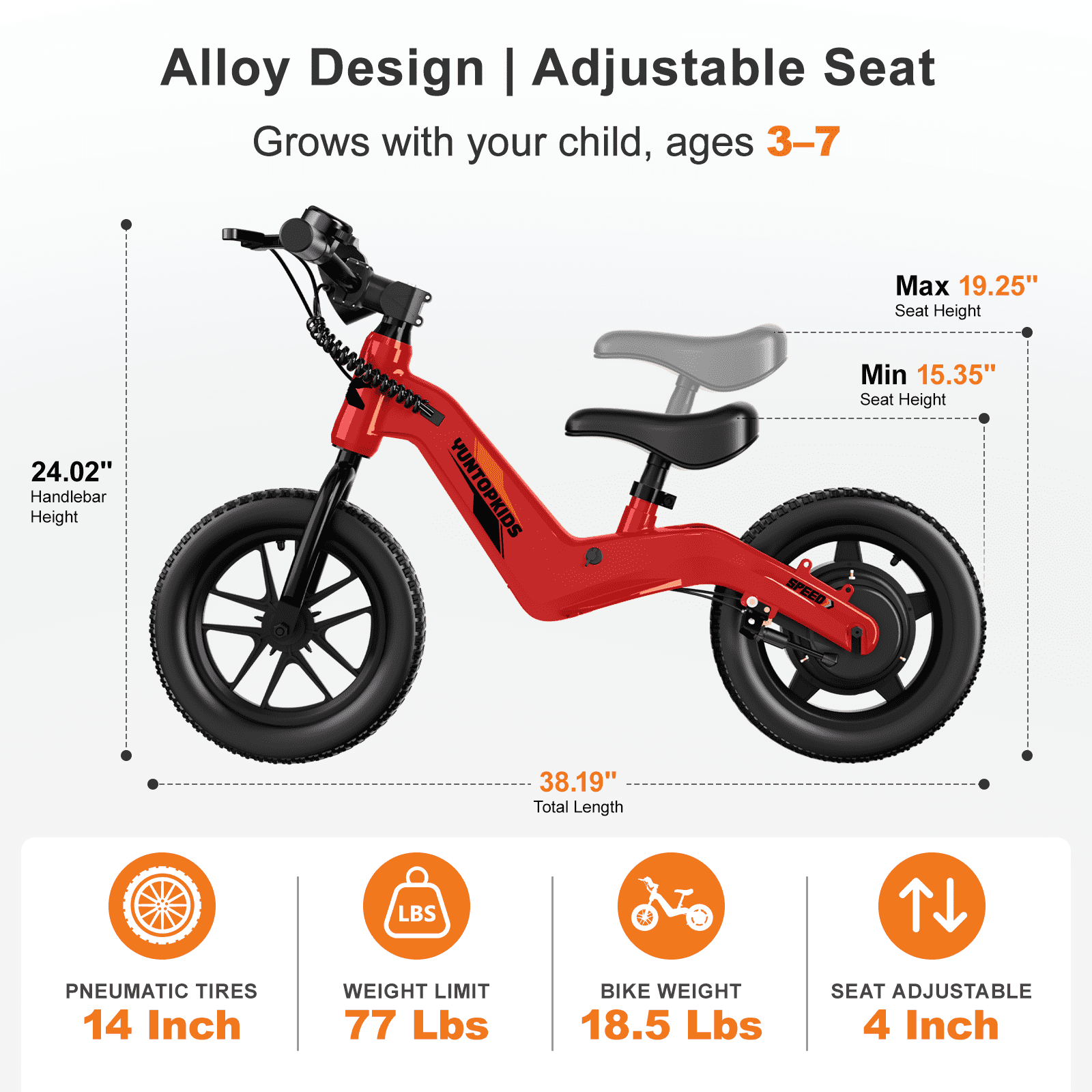 YunTopKids Electric Bike for Kids, 180W Motor Electric Balance Bike with 14 Inch Pneumatic Tires, up to 9.3MPH& 3 Speed Settings, Adjustable Seat for Ages 3-6,Red